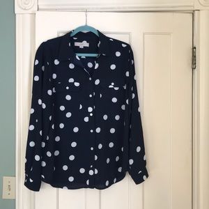 Loft navy and white polka dot button down sz L